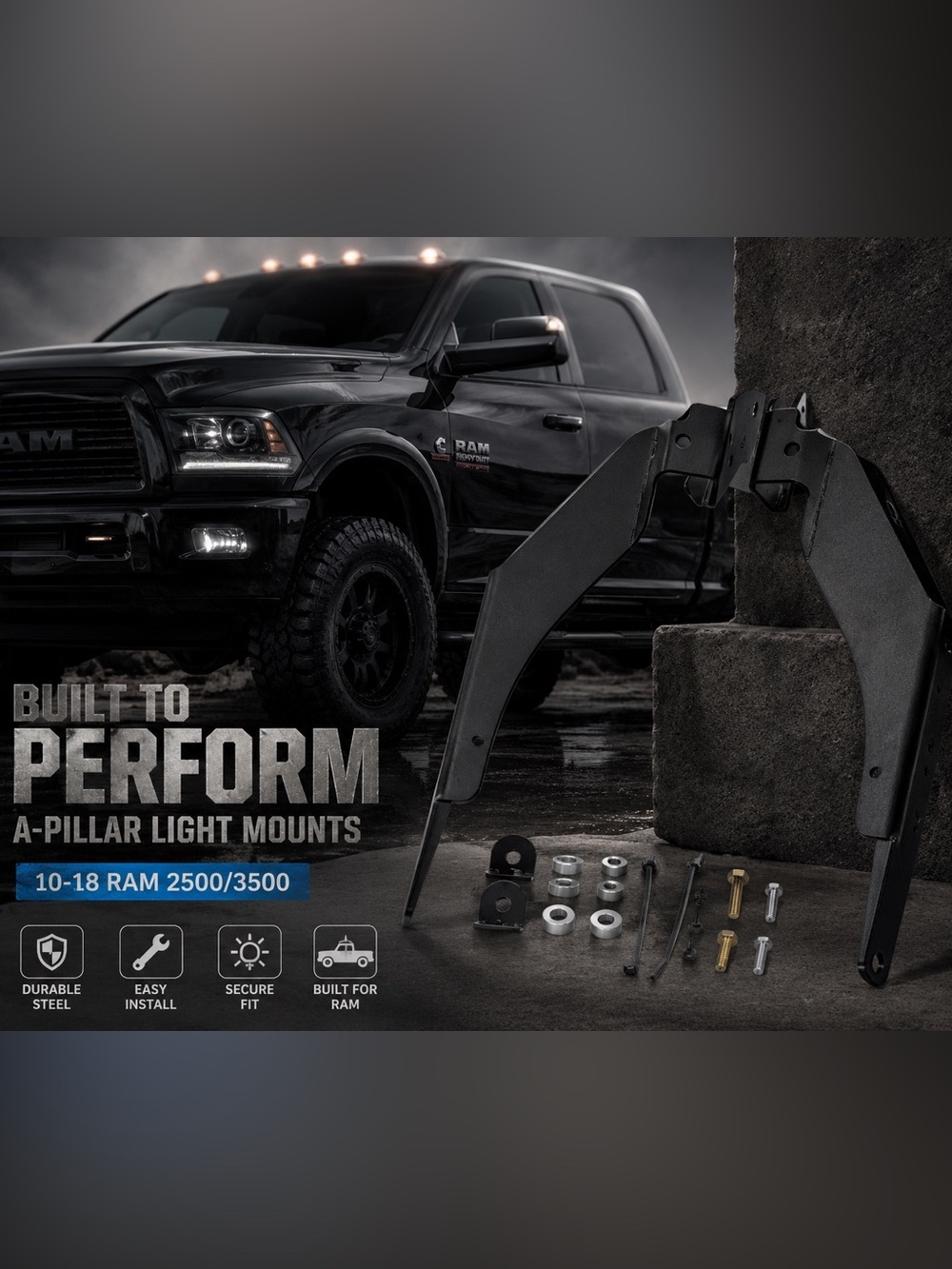'10-18 RAM 2500/3500 SDHQ BUILT A-PILLAR LIGHT MOUNTS